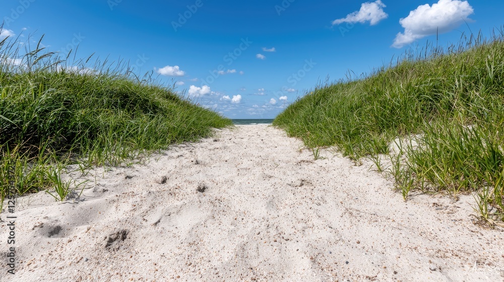 Sandy beach path leading to ocean under blue sky. Ideal for travel brochures or websites Sandy beach path leading to ocean under blue sky. Ideal for travel brochures or websites