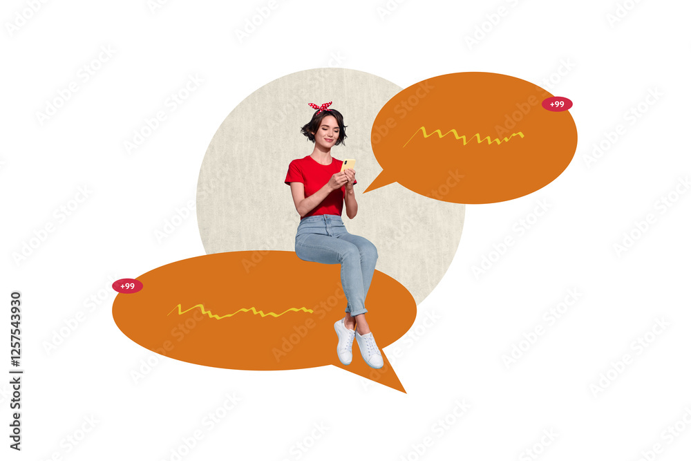 Fototapeta premium Collage picture young girl sit textboxes message communication phrases replies social media network notification internet virtual speech