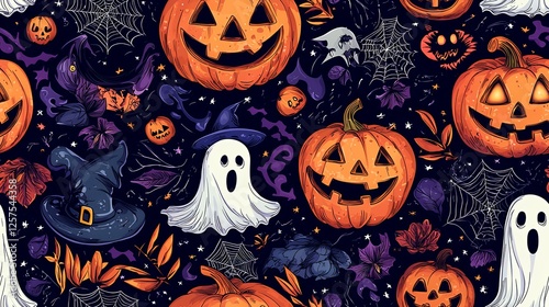 Halloween pumpkins, ghosts, and witches' hats pattern; spooky background, ideal for festive digital designs