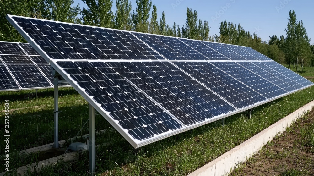 Solar panels in field, clean energy, rural landscape, sustainable power generation Solar panels in field, clean energy, rural landscape, sustainable power generation