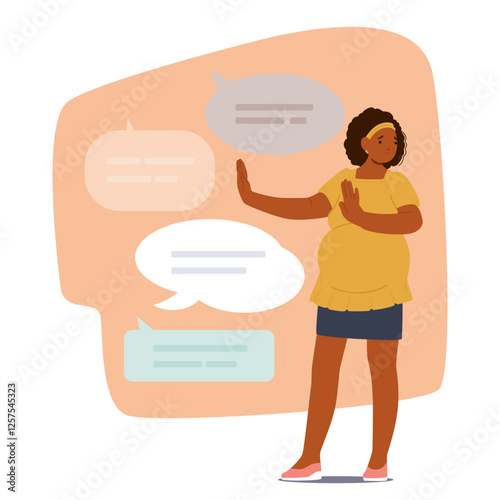 Pregnant woman cartoon character gesturing stop defending herself from communication message