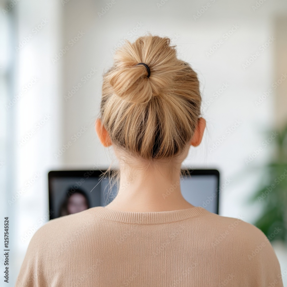 Fototapeta premium woman with blonde hair in a bun working on a laptop