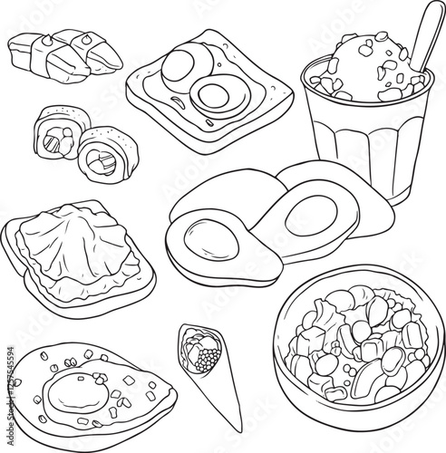 Hand-drawn vector illustrations of various food items, including sandwiches, bread, pastries, sushi, eggs, and desserts. Perfect for menu design, food packaging, recipe books, and restaurant branding.
