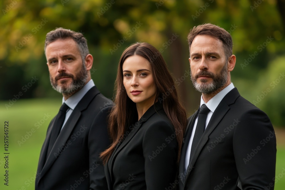 three people standing outside wearing dark suits. three people standing outside wearing dark suits.