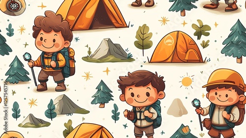 Happy kids hiking, camping adventure in mountains, seamless pattern for kids products
