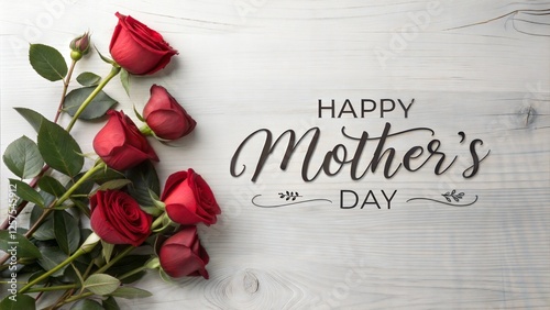 Elegant Happy Mother's Day Calligraphy with Red Roses on Rustic White Wooden Background