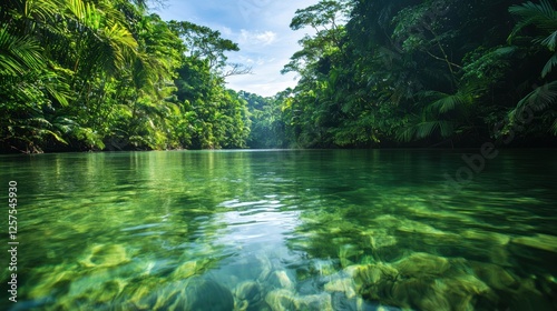 jungle rainforest Tropical River Stream Tropical jungle river meandering through dense greenery, with clear water reflecting the surrounding vibrant foliage.