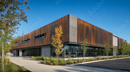 modern industrial facade, warehouse architectural detail, structured metal panels, geometric building design, commercial exterior composition, industrial minimalism, clean linear patterns,