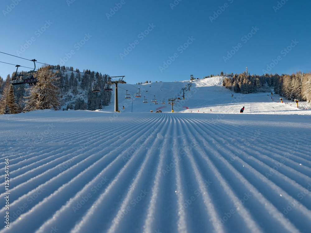 Skiing on the Dolomites Civetta resort On a beautiful sunny day. Italy