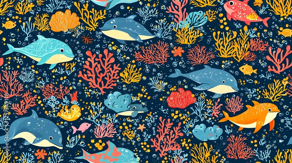 Ocean wildlife seamless pattern Dolphins, coral, fish in underwater world. Ideal for textile, kids' products, wallpaper Ocean wildlife seamless pattern Dolphins, coral, fish in underwater world. Ideal for textile, kids' products, wallpaper