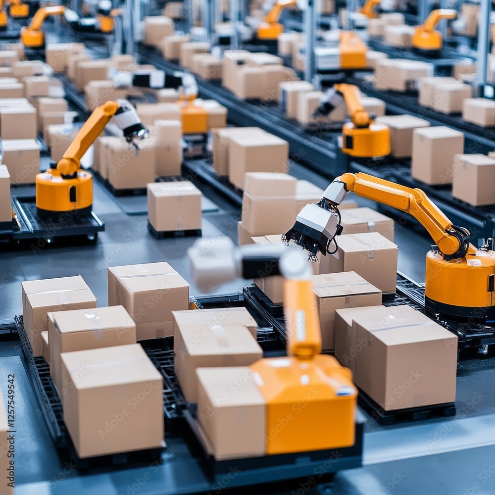 High-speed e-commerce fulfillment center with smart packaging robots processing thousands of orders High-speed e-commerce fulfillment center with smart packaging robots processing thousands of orders