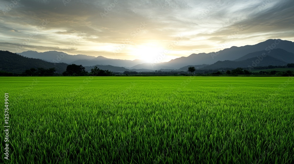 A field of green grass with mountains in the background A field of green grass with mountains in the background