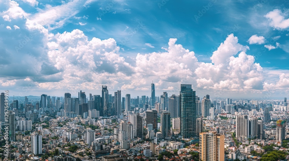 Dynamic cloudscape over a bustling city skyline a panoramic view of skyscrapers urban life and blue skies captured from a high vantage point Dynamic cloudscape over a bustling city skyline a panoramic view of skyscrapers urban life and blue skies captured from a high vantage point