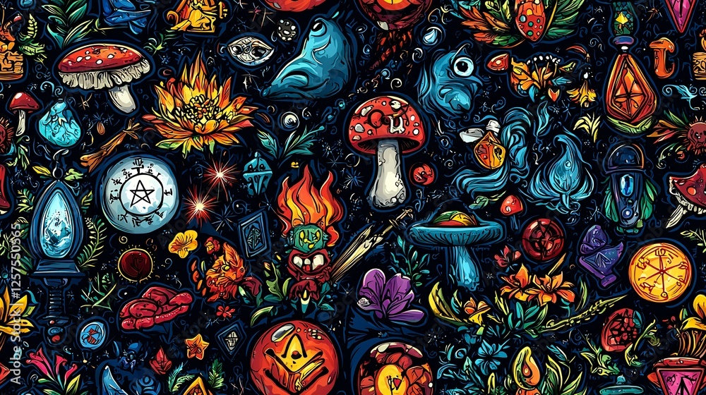 Naklejka premium Psychedelic fantasy seamless pattern with mystical creatures, flowers, and symbols; perfect for textile prints, wallpapers, or digital designs