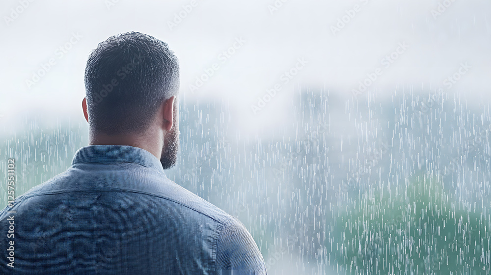 Sad man looking out of the window in the rain, cinematic mood.
Sad man looking out of the window in the rain, cinematic mood.