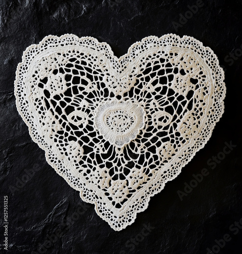 Vintage lace doily heart cut out on a bold black background, evoking timeless romance.