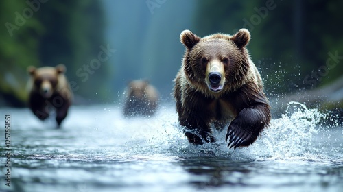 A group of brown bears running through a body of water
