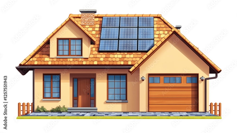 Cartoon view of an apartment building with a gable roof, on which blue solar panels are installed. Cartoon view of an apartment building with a gable roof, on which blue solar panels are installed.