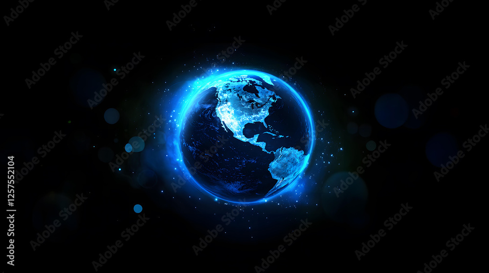 Fototapeta premium Stunning Blue Glowing Earth in Dark Space Background with Bokeh Lights