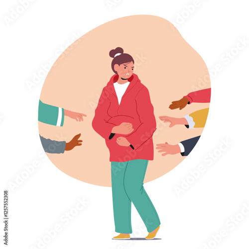 Pregnant teenage girl feeling angry suffering from bullying standing under pointing hands of abusers