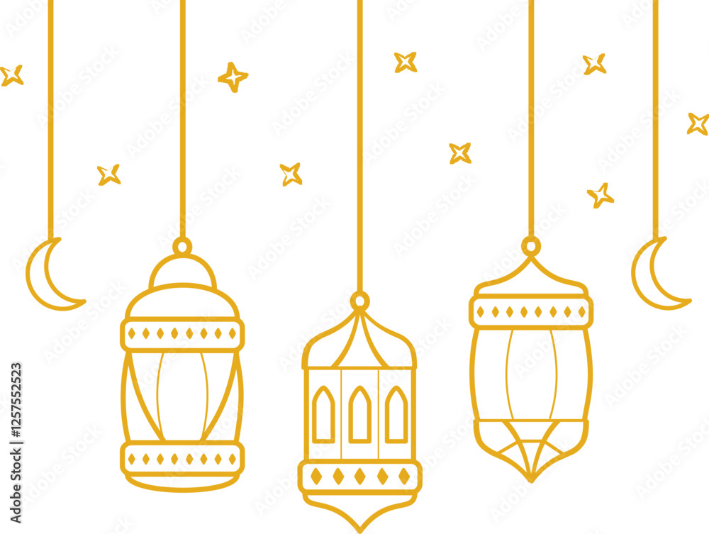 Golden Islamic Decoration. Luxurious and Sacred Ramadan Lanterns with Elegant Line Art Golden Islamic Decoration. Luxurious and Sacred Ramadan Lanterns with Elegant Line Art