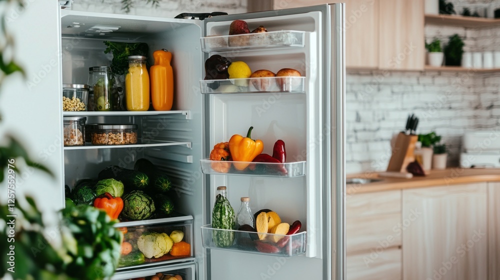 An open fridge reveals a colorful array of fresh fruits and vegetables, showcasing healthy choices and vibrant ingredients ready for meal preparation in a modern kitchen An open fridge reveals a colorful array of fresh fruits and vegetables, showcasing healthy choices and vibrant ingredients ready for meal preparation in a modern kitchen
