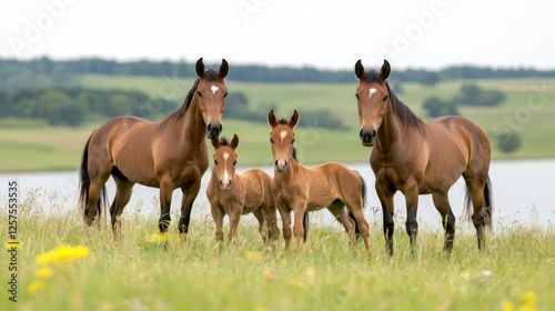 A group of horses standing on top of a lush green field