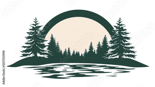 The logo on a transparent background. In the center is a semicircle resembling the sun or moon, above the silhouette of a coniferous forest. 
