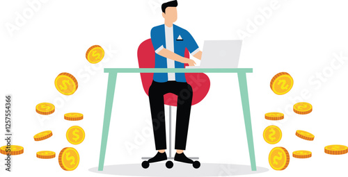 A businessman holds a laptop and coins are scattered around him. Illustration for making money online, working from home, freelancing