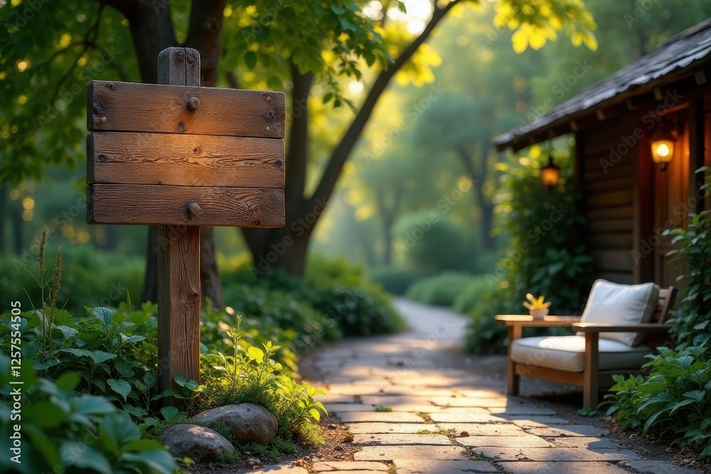 Rustic Wooden Signpost on a Sunlit Garden Path Leading to a Cozy Cabin Rustic Wooden Signpost on a Sunlit Garden Path Leading to a Cozy Cabin