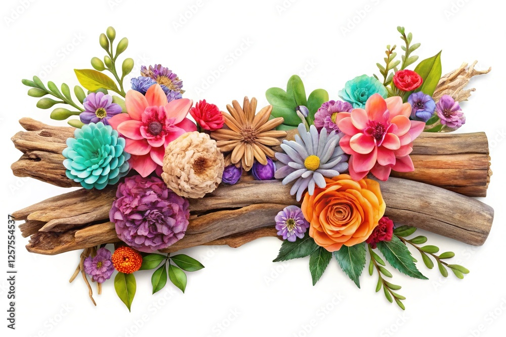 Fototapeta premium Boho Floral Driftwood Clipart: Detailed Hand-Drawn Rustic Beach Wedding Design Element