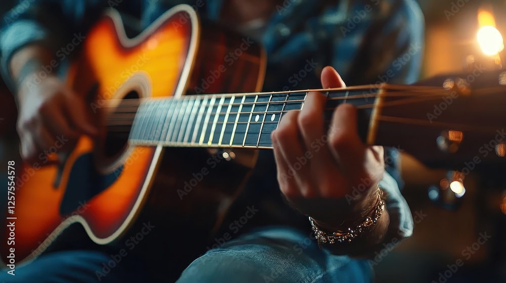 Fototapeta premium Music, close-up of hands strumming a guitar, bright studio background