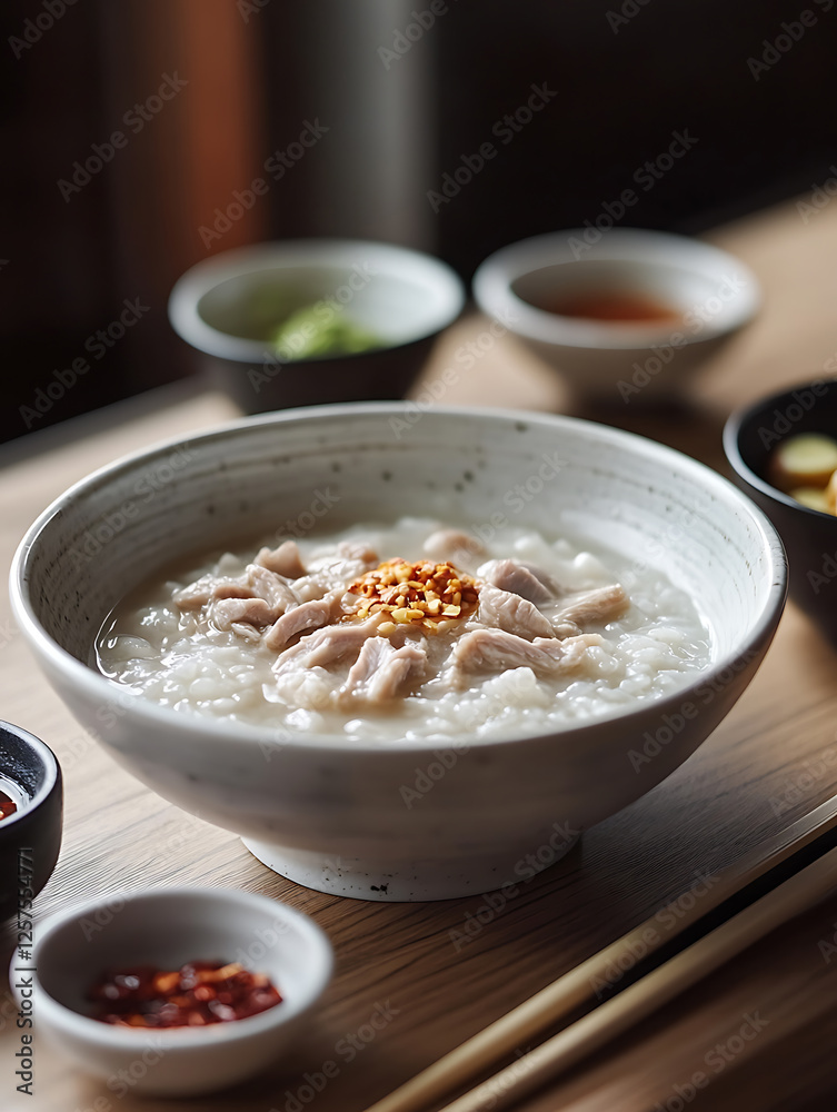 Homemade Pork Porridge in a Deep White Bowl with Side Condiments Homemade Pork Porridge in a Deep White Bowl with Side Condiments