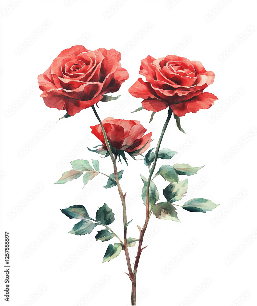 Fototapeta premium Three red roses on a single stem, elegantly isolated against a clean white background.