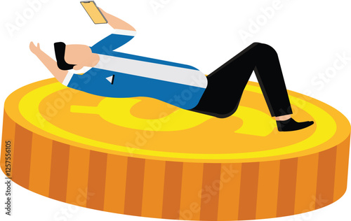 A businessman sleeping on coins holding a mobile phone. Illustration for earning money online, work from home, freelance