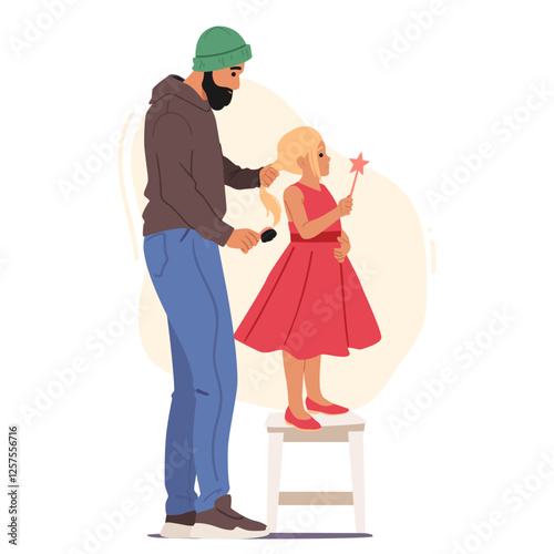 Hipster father preparing pretty daughter for birthday holiday celebration making hairstyle scene