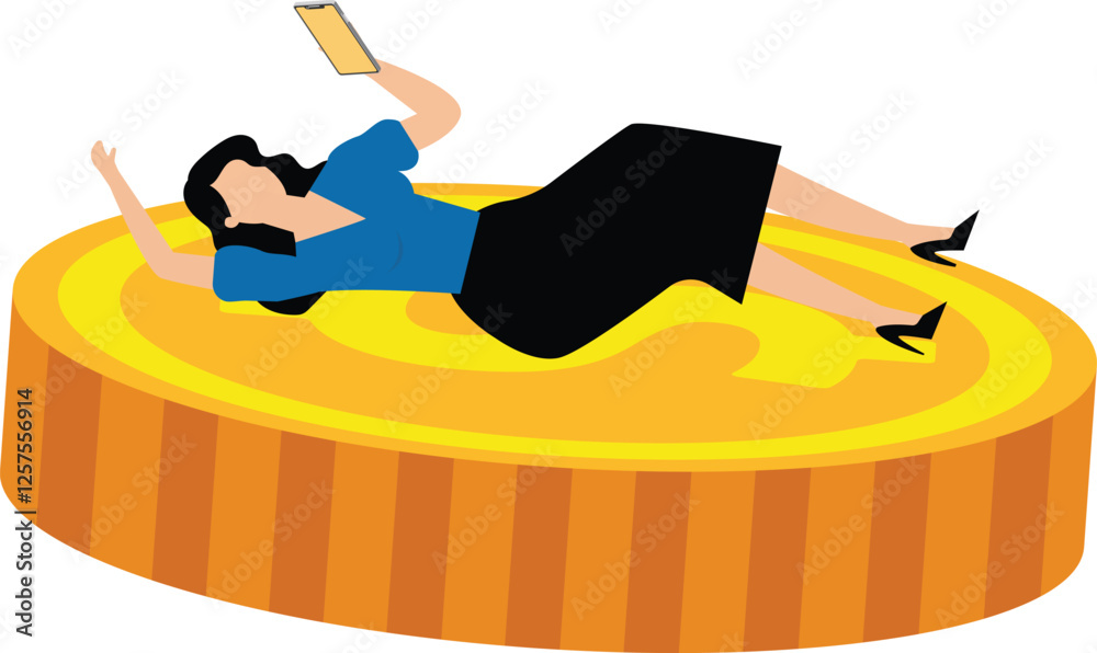 Fototapeta premium A businesswoman sleeping on coins holding a mobile phone. Illustration for earning money online, work from home, freelance