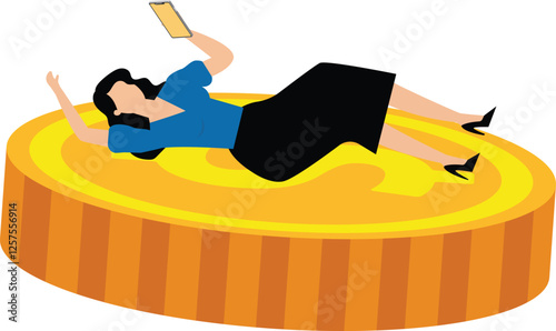 A businesswoman sleeping on coins holding a mobile phone. Illustration for earning money online, work from home, freelance