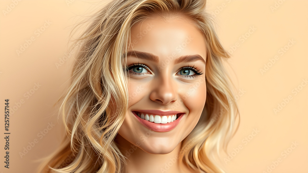 Naklejka premium Stunning middle aged blonde woman, few wrinkles clean skin face, blonde volumized long hair and sexy smile. Attractive model portrait on soft yellow background. Young skincare spa concept. Beauty lady