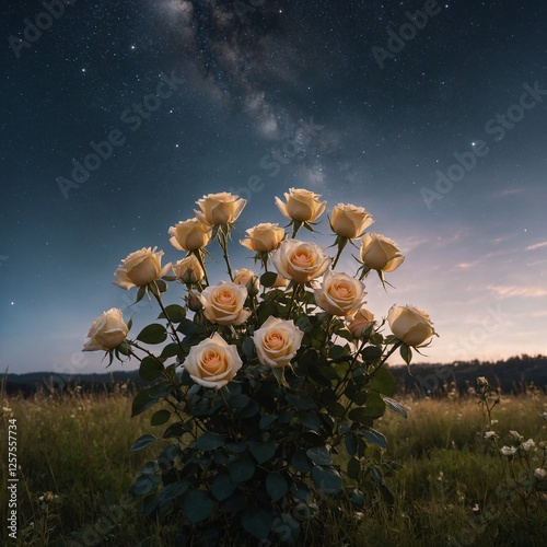A bouquet of roses softly glowing in a meadow, with a starry sky above and a pure, white background.