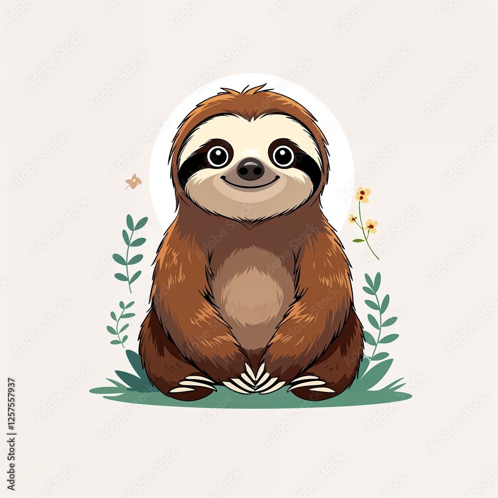 Obraz premium Cute brown sloth cartoon illustration on plain white background