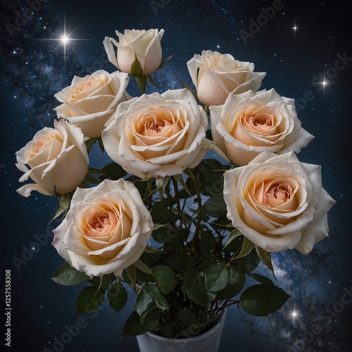 A rose bouquet in full bloom resting under a starry sky, with the purity of the white background enhancing its beauty.