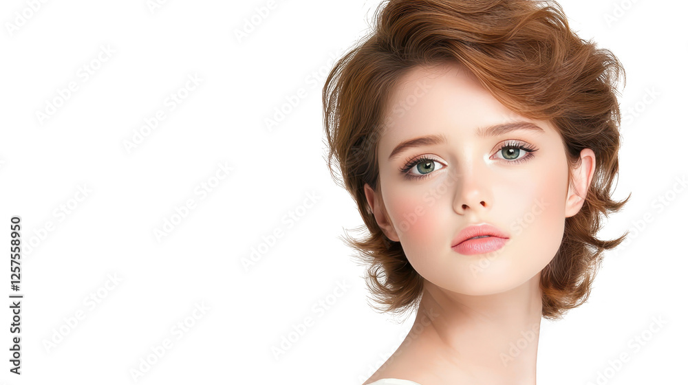 Obraz premium Stylish woman with short haircut and white top posing for a fashion portrait