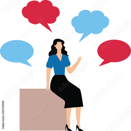 A businesswoman sits surrounded by chat bubbles. Illustration for bullying, violence and seniority.