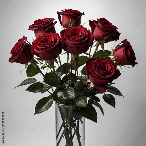 A stunning bouquet of deep red roses glowing softly in the starlight, framed against a pure, blank white background.