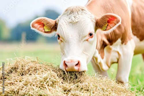 Close-up of a cow eating hay in a sunny pasture, symbolizing agriculture, livestock care, and rural lifestyle. photo