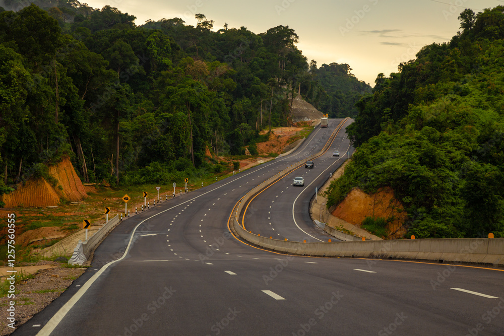 Road No. 4 Phetkasem Road from Phatthalung Province to Trang Province, passing through Khao Phap Pha, a mountain range and one of the most pristine forests in the South of Thailand Road No. 4 Phetkasem Road from Phatthalung Province to Trang Province, passing through Khao Phap Pha, a mountain range and one of the most pristine forests in the South of Thailand
