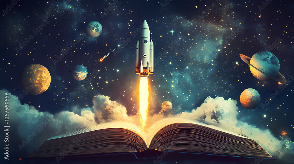 Naklejka premium Rocket launching from an open book in a cosmic landscape. Generative AI
