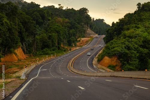 Road No. 4 Phetkasem Road from Phatthalung Province to Trang Province, passing through Khao Phap Pha, a mountain range and one of the most pristine forests in the South of Thailand photo