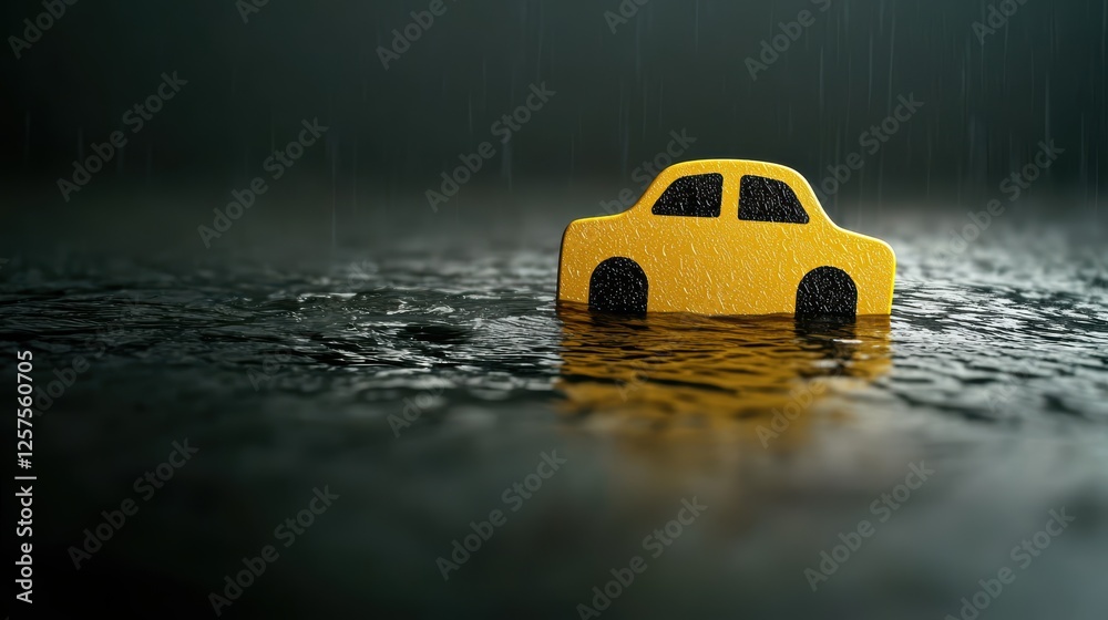 Fototapeta premium Yellow toy car submerged in water, a playful and whimsical scene yellow